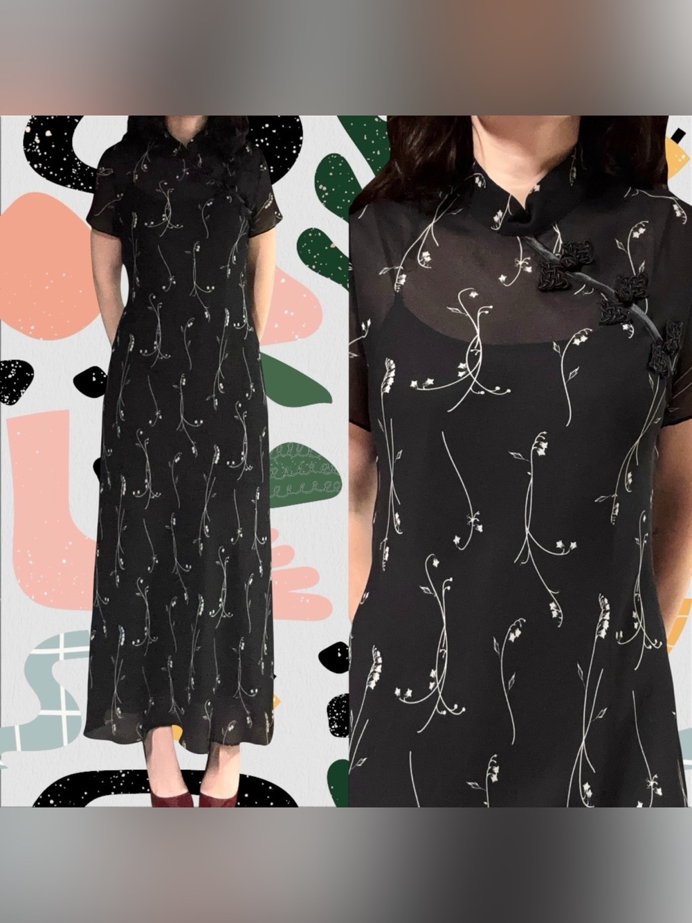 Ronni Nicole | Vintage 90s/Y2K Black Oriental Floral Print Layered Maxi Dress